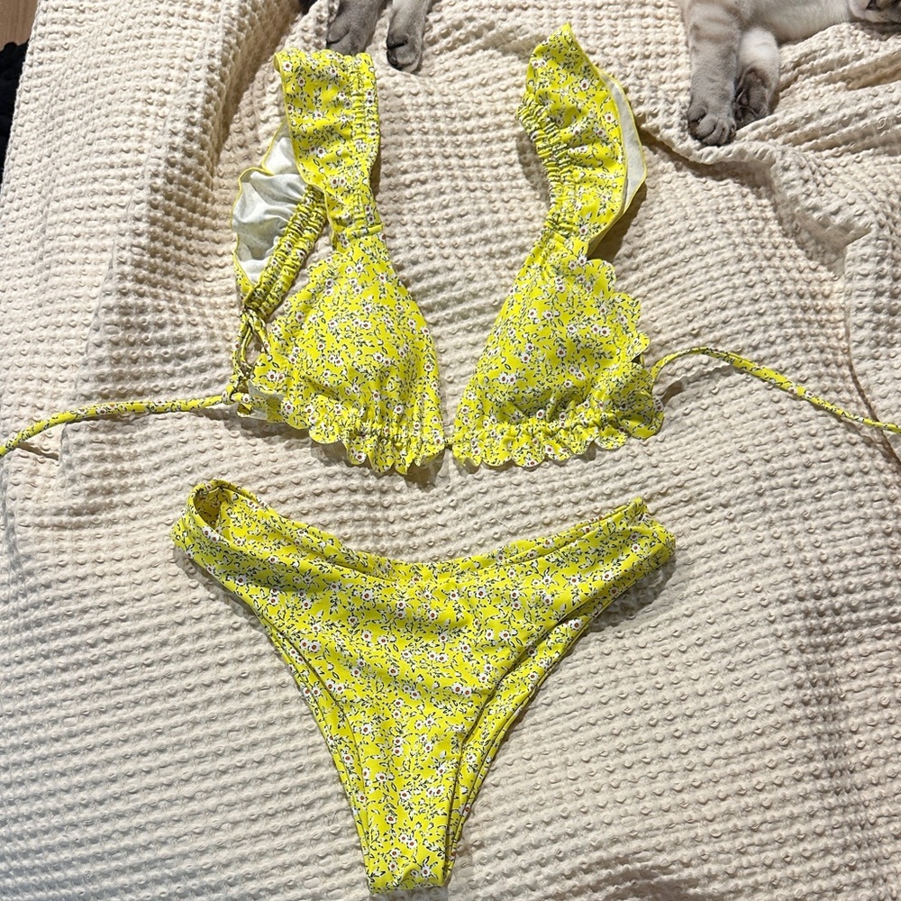 Yellow Floral Ruffle Triangle Bikini - Women Swim Bikini
